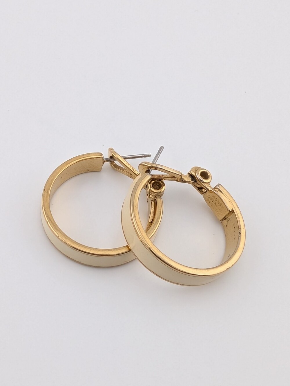 Vintage Monet Gold Cream Enamel Hoop Earrings Omega Back Classic Chunky